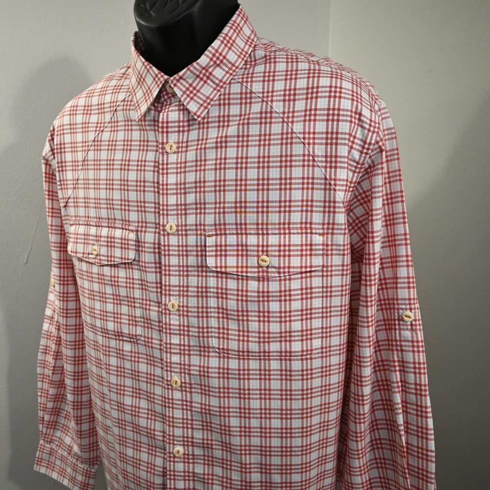 Orvis Button Down Shirt Mens Size Large Red Plaid Fishing Long‎ Sleeve Hiking